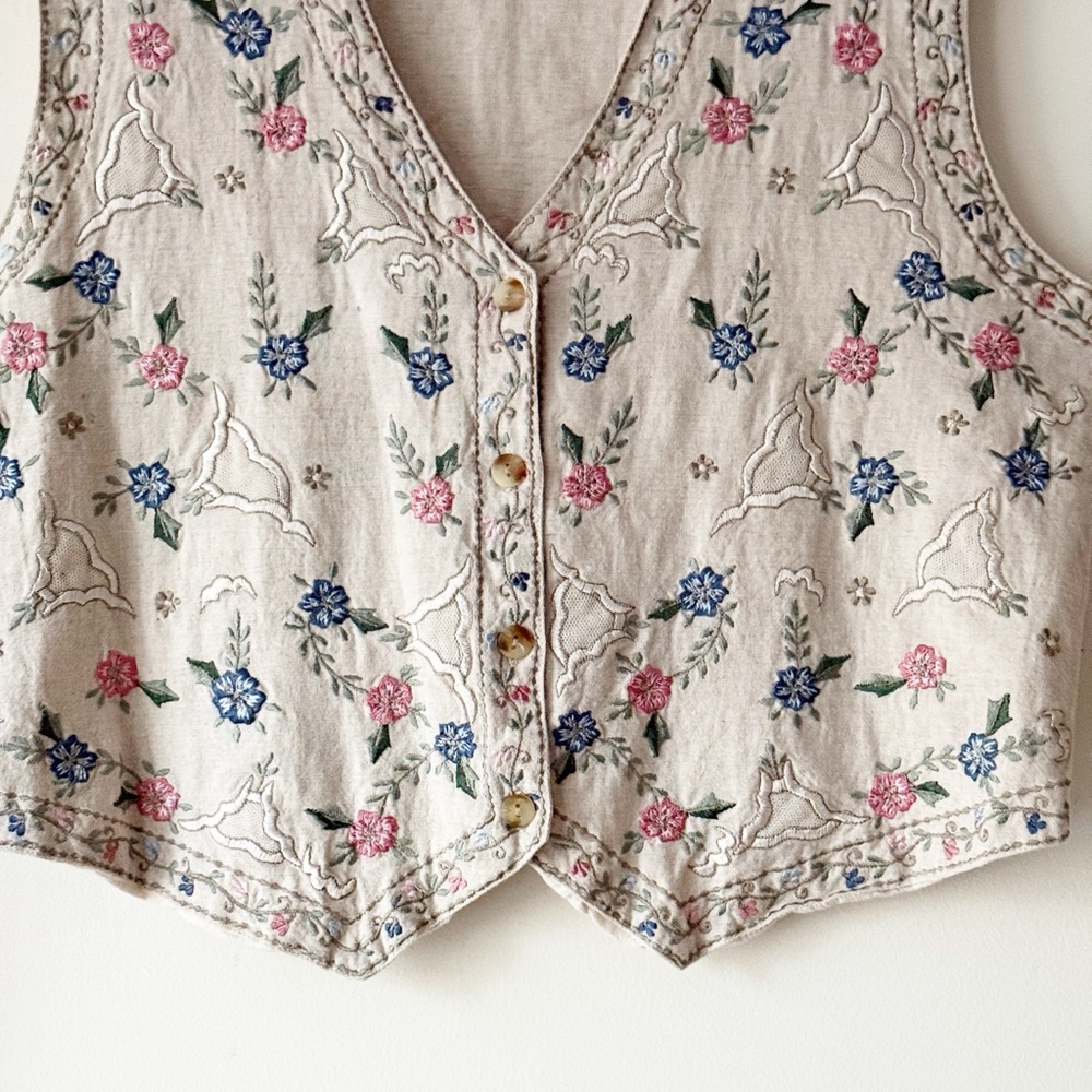 Vintage Cottagecore Floral Embroidered Cotton Linen Folk Vest Boho 90s Revival M - Picture 6 of 13